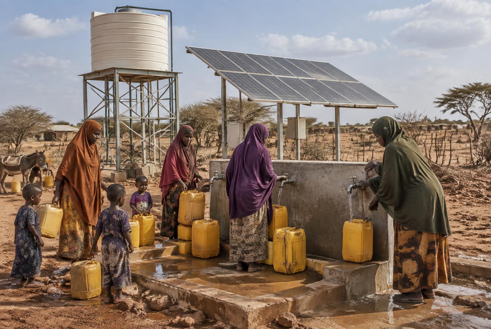 Illustrative solar-powered water point with families collecting water