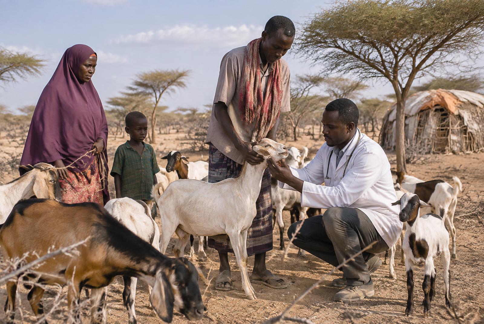 Illustrative pastoral family and veterinarian caring for goats