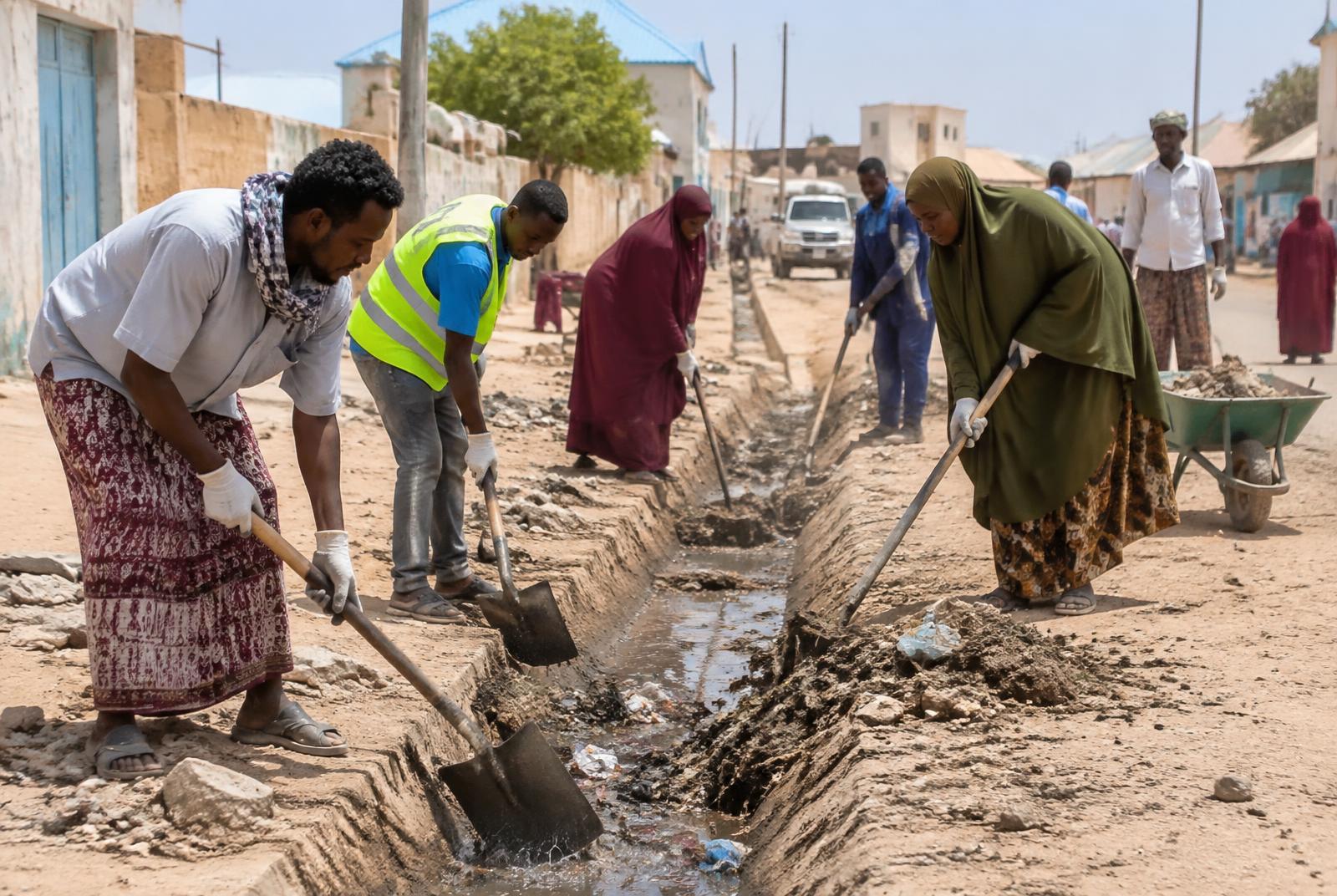 Illustrative community workers maintaining a neighborhood drainage channel