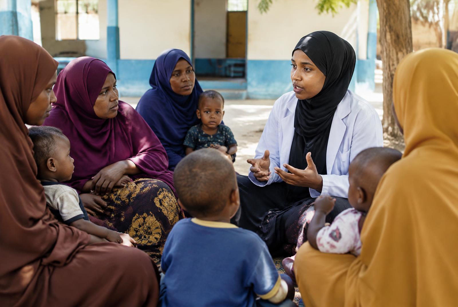 Illustrative health worker speaking with caregivers in Somalia